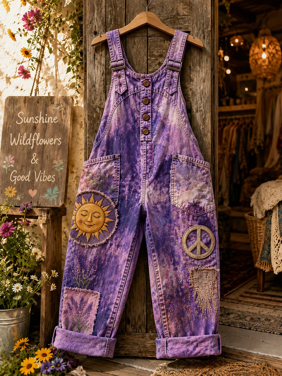 Women's Retro Style Art Print Washed Cotton Denim Patchwork Jumpsuit